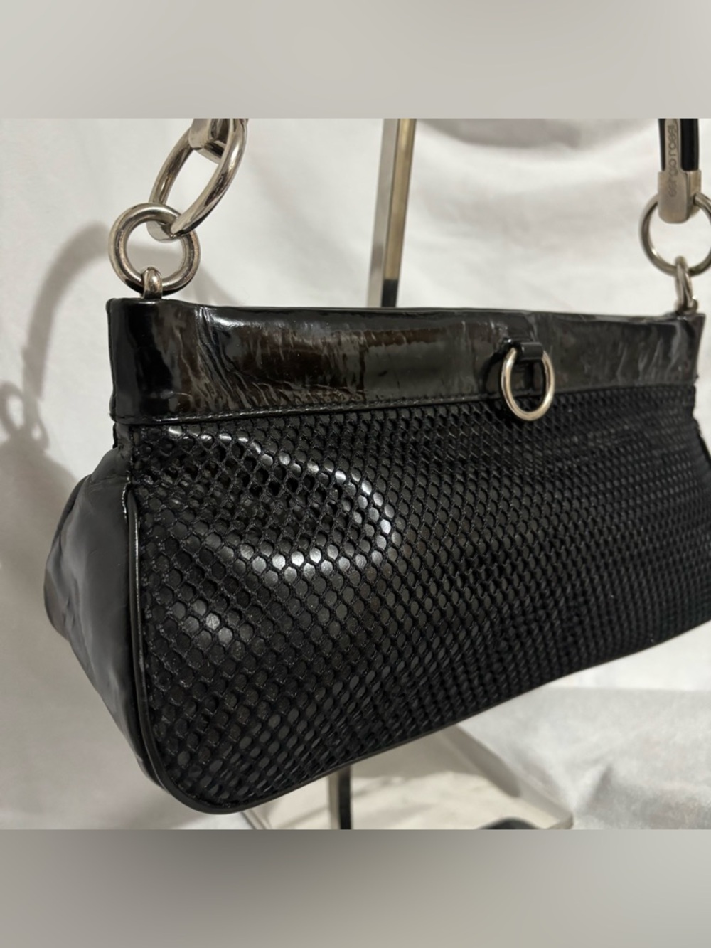 Sergio Rossi Vintage 90s Black Mesh Baguette Hobo Bag Silver O-Ring Detail - Picture 3 of 14